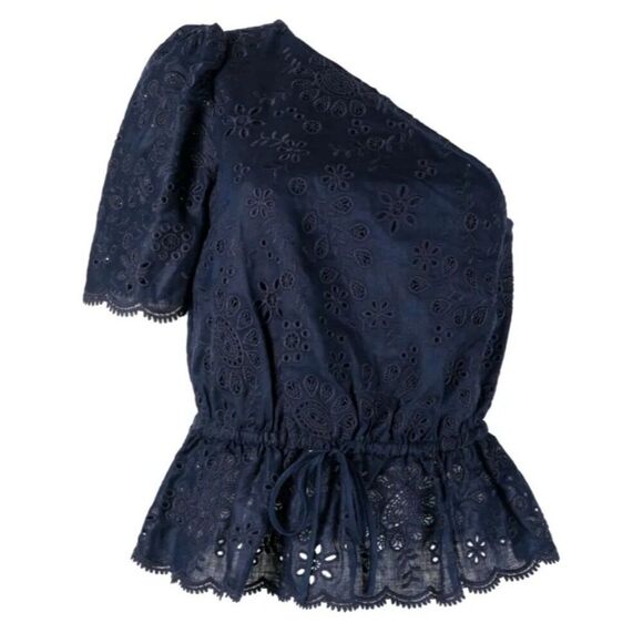 New Polo Ralph Lauren One-shoulder Eyelet Linen top in Navy Size 10 - Picture 2 of 13